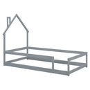 Twin Size Wood bed with House-shaped Headboard Floor bed with Fences,Grey