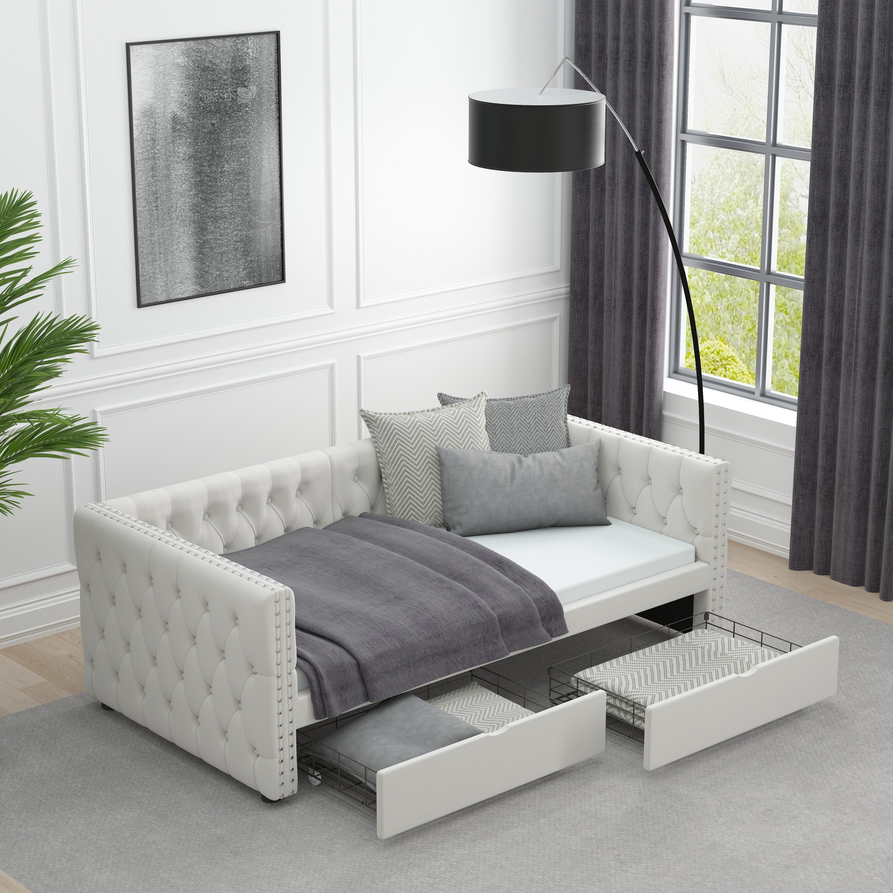 Twin Size Daybed with Drawers Upholstered Tufted Sofa Bed, with Button on Back and Copper Nail on Waved Shape Arms, velvet(79.5"x41.5"x26.5") - Atlantic Fine Furniture Melbourne FL