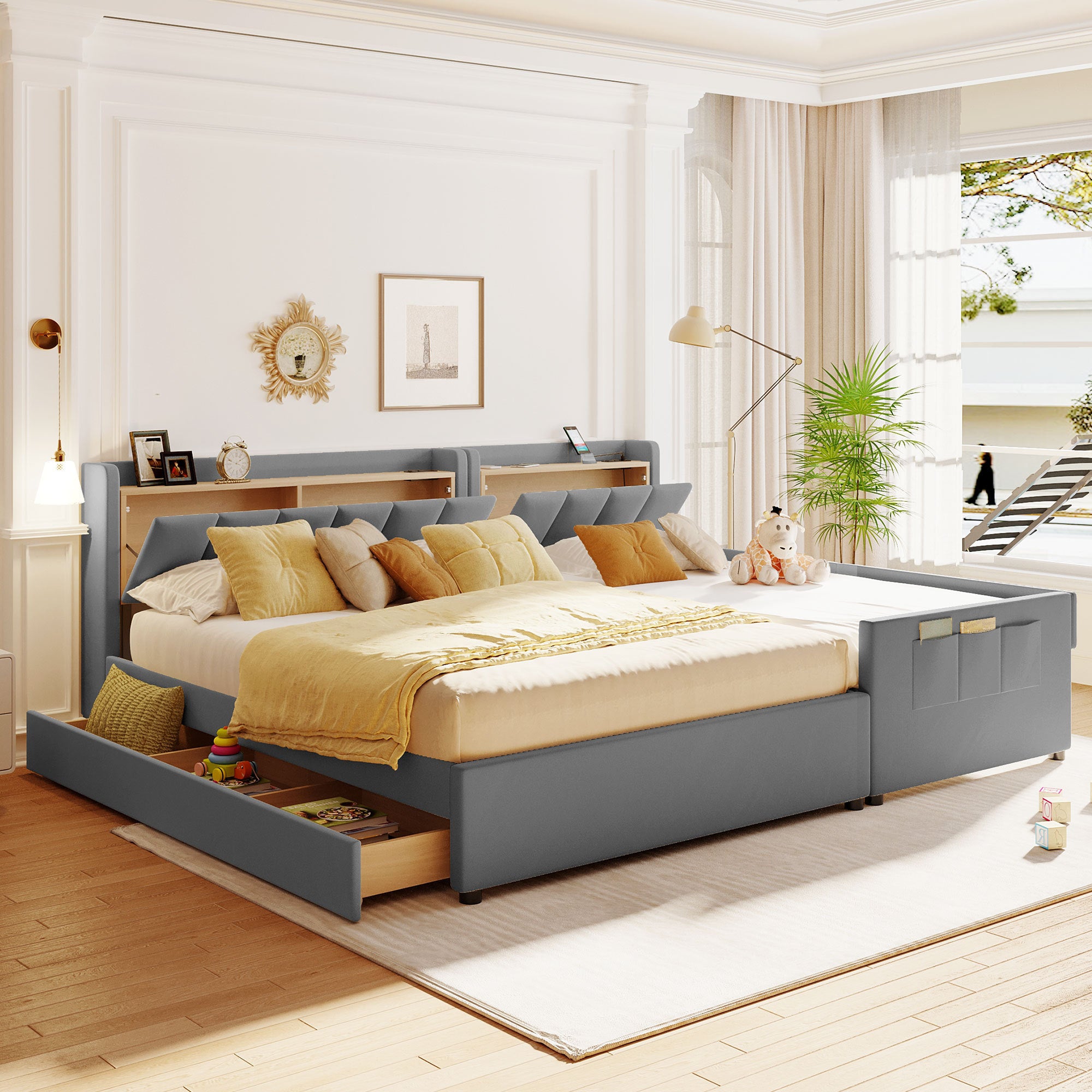Queen Size & Twin XL Size Upholstered Platform Bed, Mother & Child Bed with Hydraulic Storage System, Drawer Box, Bedhead storage shelf and Two pairs of sockets & USB Ports, PU Leather, Gray - Atlantic Fine Furniture Melbourne FL