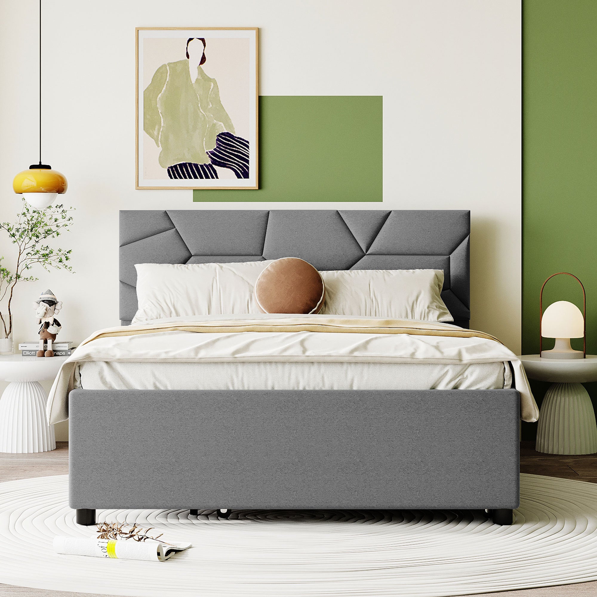 Full Size Upholstered Platform Bed with Brick Pattern Headboard and Twin Size Trundle, Linen Fabric, Gray - Atlantic Fine Furniture Melbourne FL