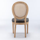 French Style Solid Wood Frame Antique Painting Linen Fabric Rattan Back Dining Chair (Set of 2)