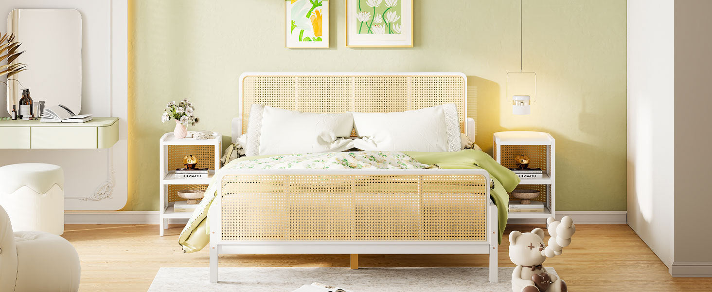 3 Pieces Rattan Platform Full Size Bed With 2 Nightstands,White - Atlantic Fine Furniture Melbourne FL
