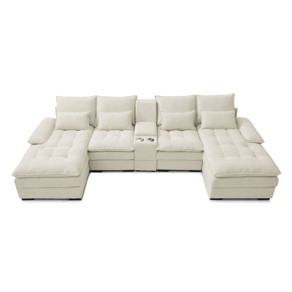U Shaped Sofa With Console And Cupholders, 6 Seat