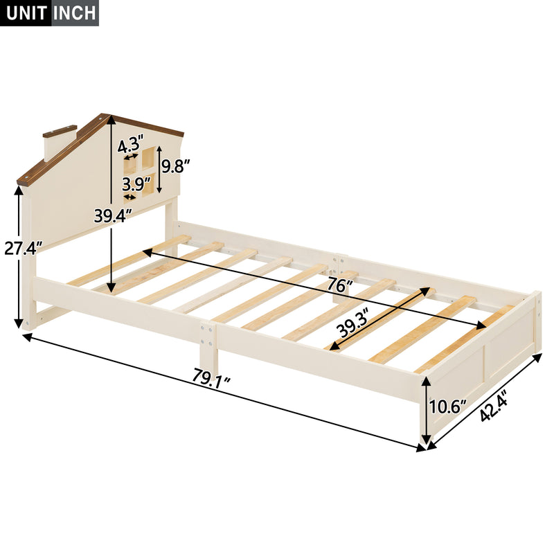 Twin Size Wood Platform Bed with House-shaped Headboard and Built-in LED, Walnut+Milk White