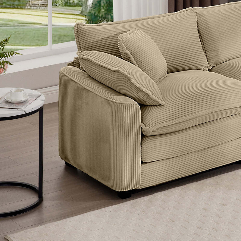 Modern Upholstered 4 Seater Corduroy Fabric Sofa With Arm And Throw Pillows