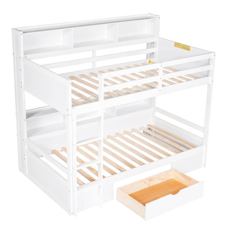 Twin Size Bunk Bed With Built-In Shelves Beside Both Upper And Down Bed And Storage Drawer