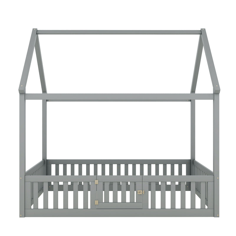 Wood House Bed With Fence And Door