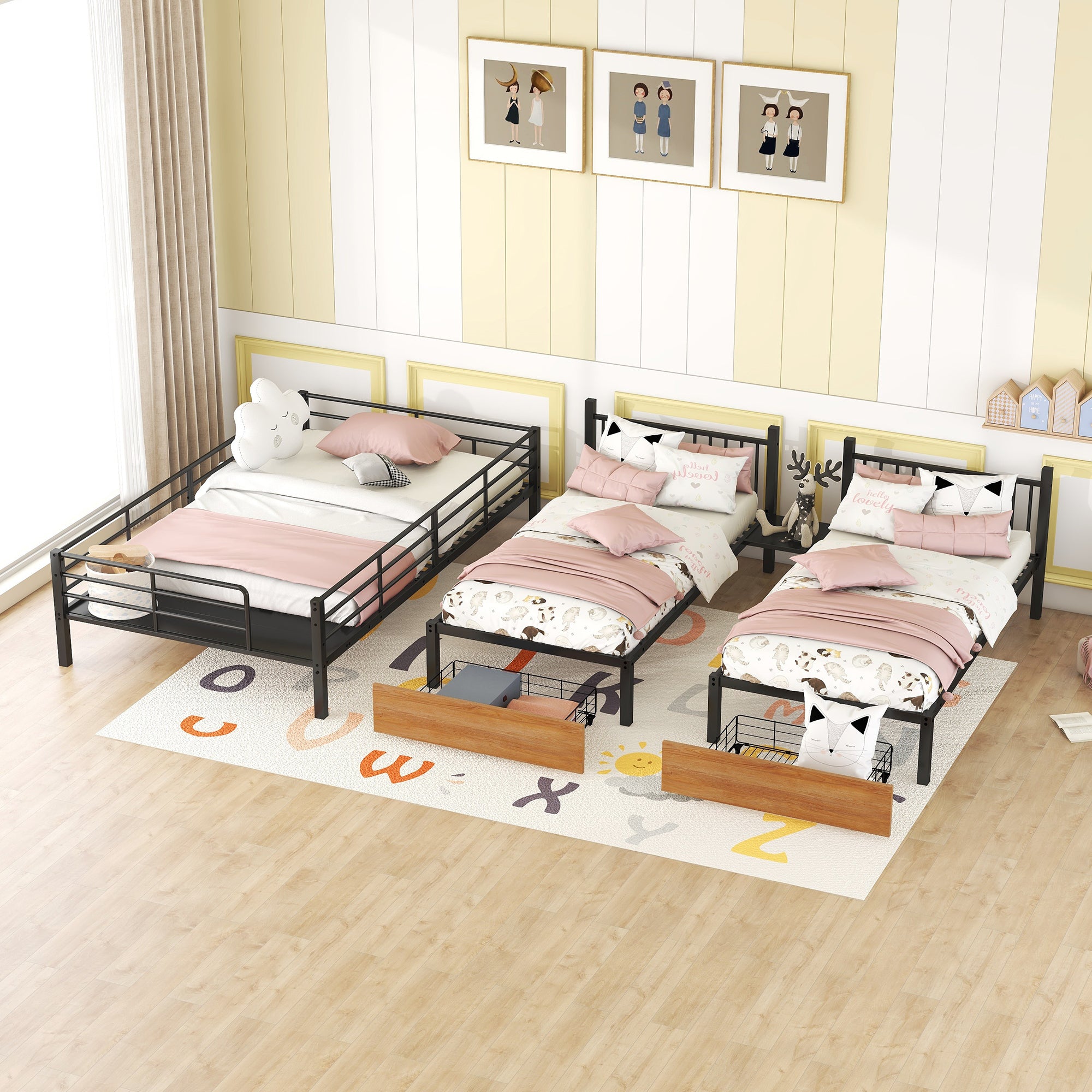 Full over Twin-Twin Triple bunk bed with drawers and staircase, Black - Atlantic Fine Furniture Melbourne FL