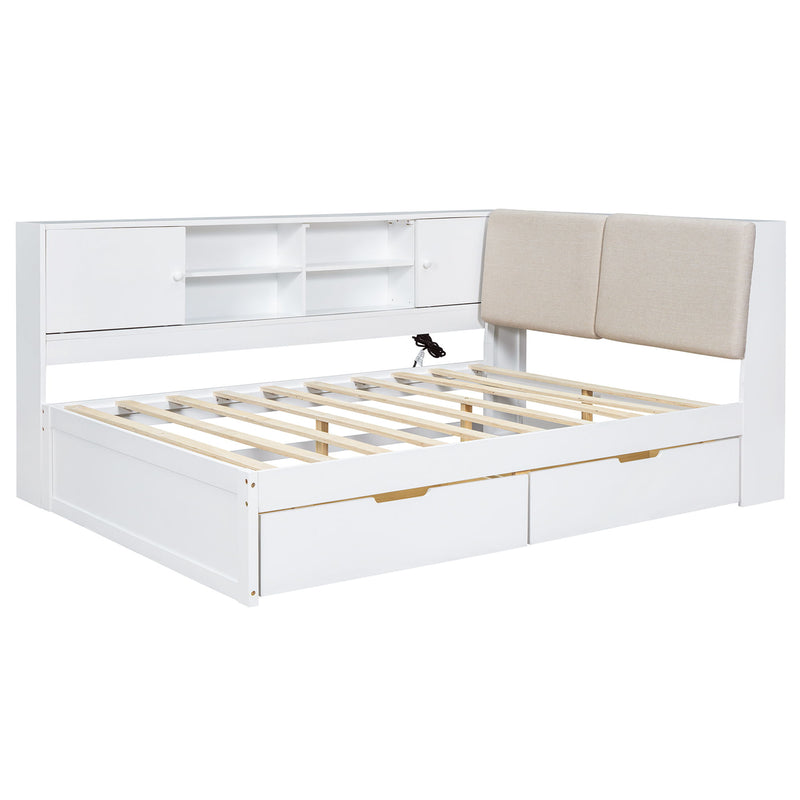 L-Shaped Daybed Corner Bed Under Bed Drawers With Storage Bookcase And Upholstered Headboard And USB Charging Ports