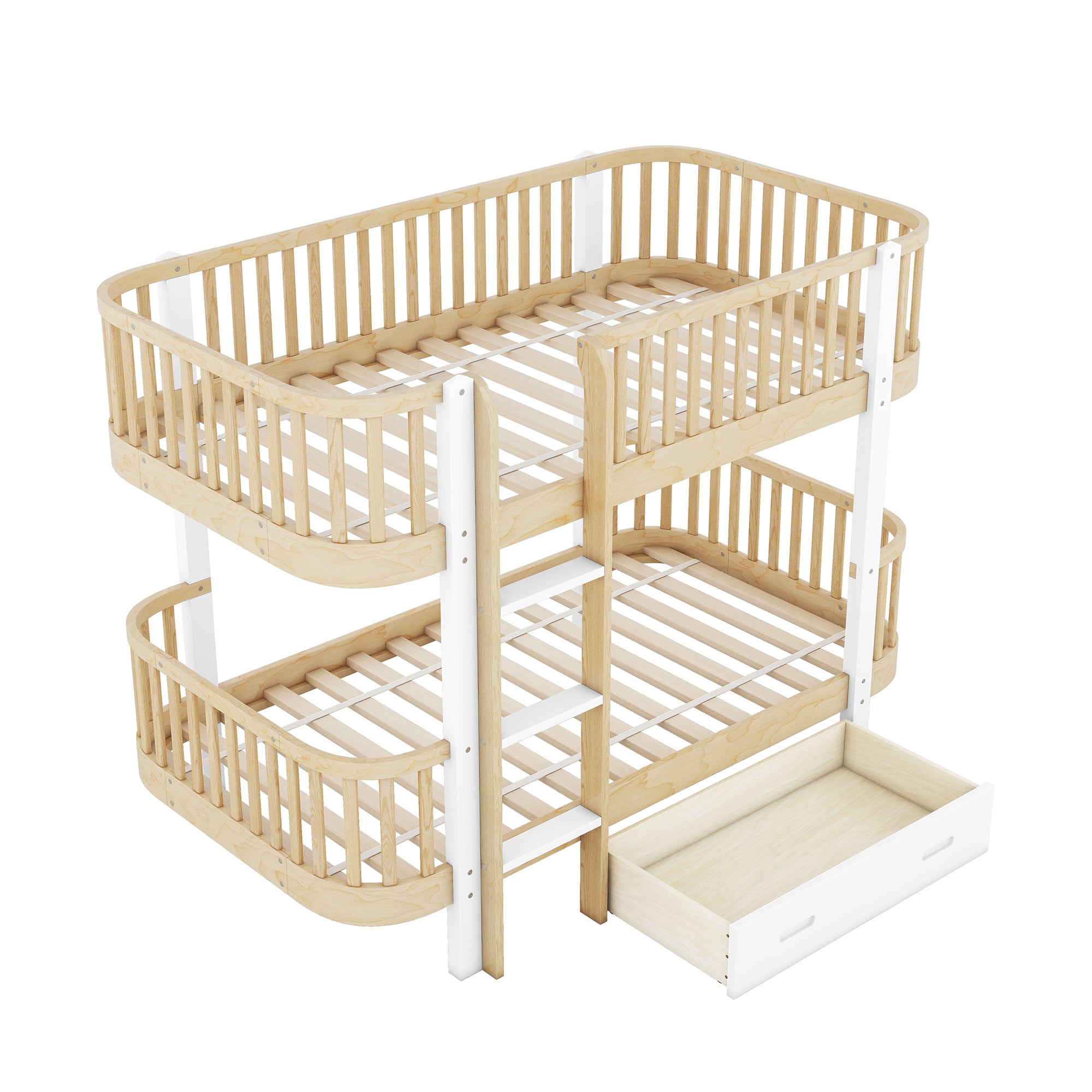 Wood Twin over Twin Bunk Bed with Fence Guardrail and a Big Drawer, Natural White - Atlantic Fine Furniture Melbourne FL
