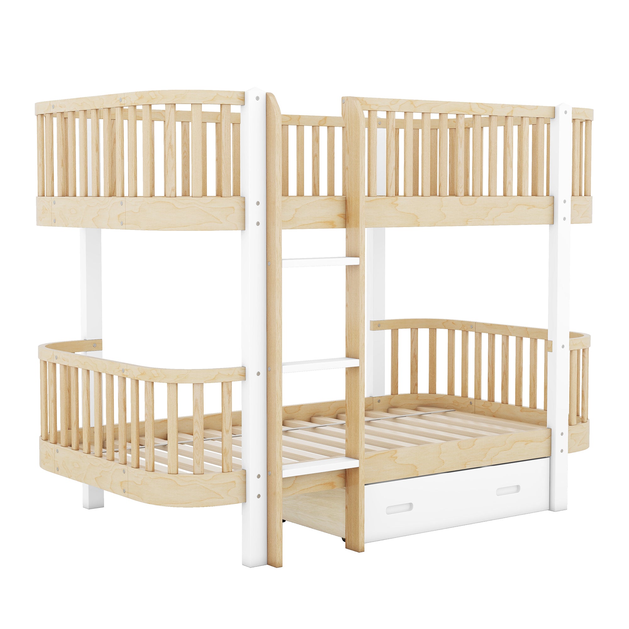 Wood Twin over Twin Bunk Bed with Fence Guardrail and a Big Drawer, Natural White - Atlantic Fine Furniture Melbourne FL