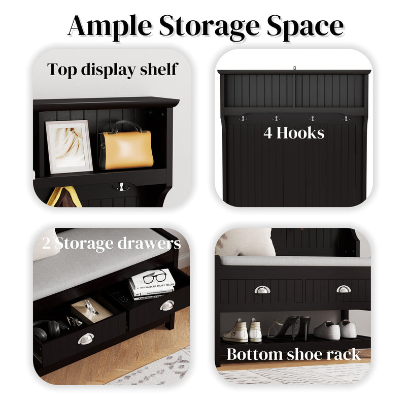 Modern 3 In 1 Hallway Hall Tree With Storage Drawers, Coat Rack, Shoe Rack Bench And Cushion