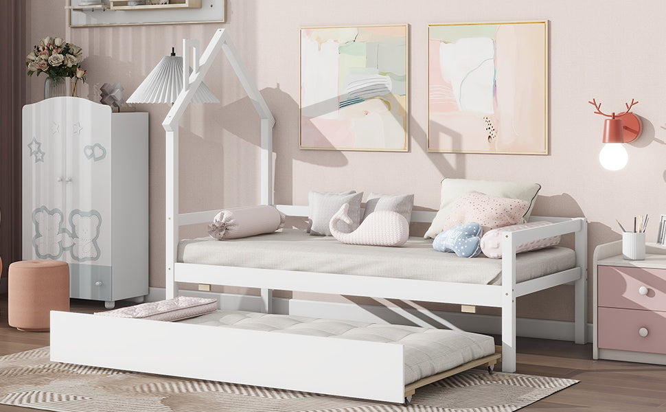 Twin House Wooden Daybed with trundle, Twin House-Shaped Headboard  bed with Guardrails,White