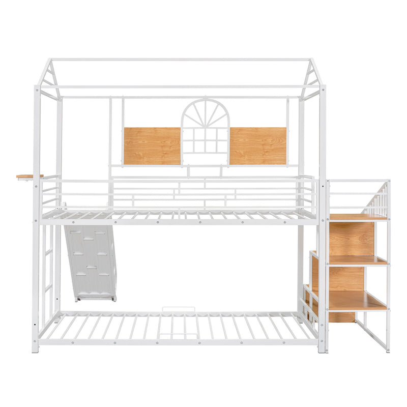 Metal Bunk Bed, Metal Housebed With Slide And Storage Stair