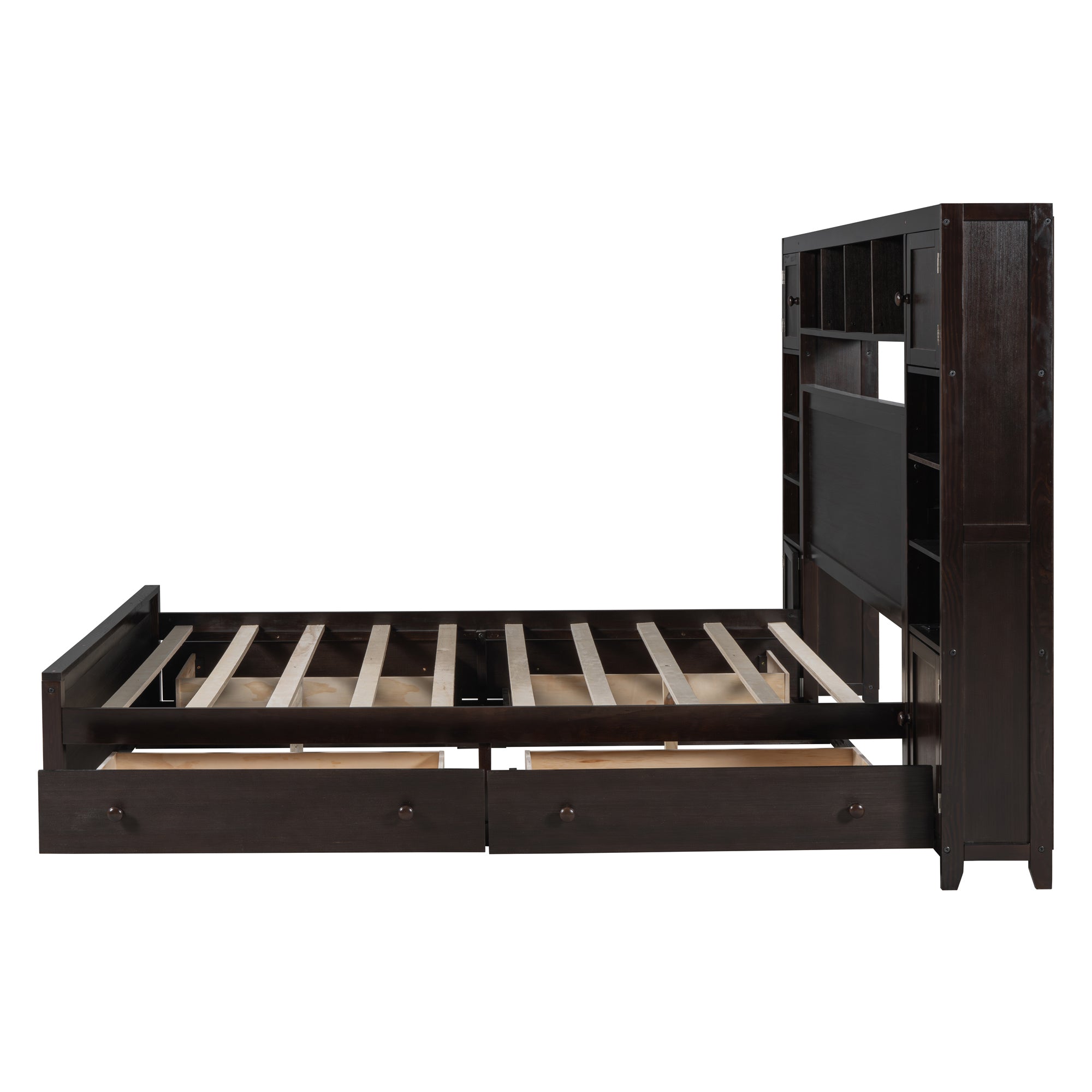 Queen Size Wooden Bed With All-in-One Cabinet, Shelf and Sockets, Espresso - Atlantic Fine Furniture Melbourne FL