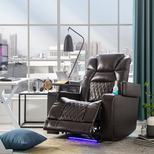 Power Motion Recliner With USB Charging Port And Hidden Arm Storage, Home Theater Seating With 2 Convenient Cup Holders Design And 360 Degree Swivel Tray Table