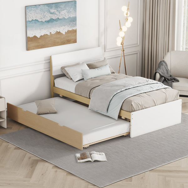 Modern Twin Bed Frame With Trundle For White High Gloss Headboard and Footboard With Light Oak Color