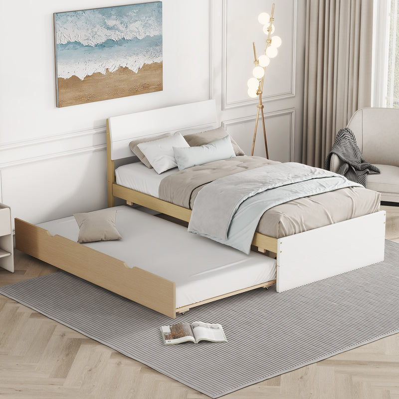 Modern Twin Bed Frame With Trundle For White High Gloss Headboard and Footboard With Light Oak Color