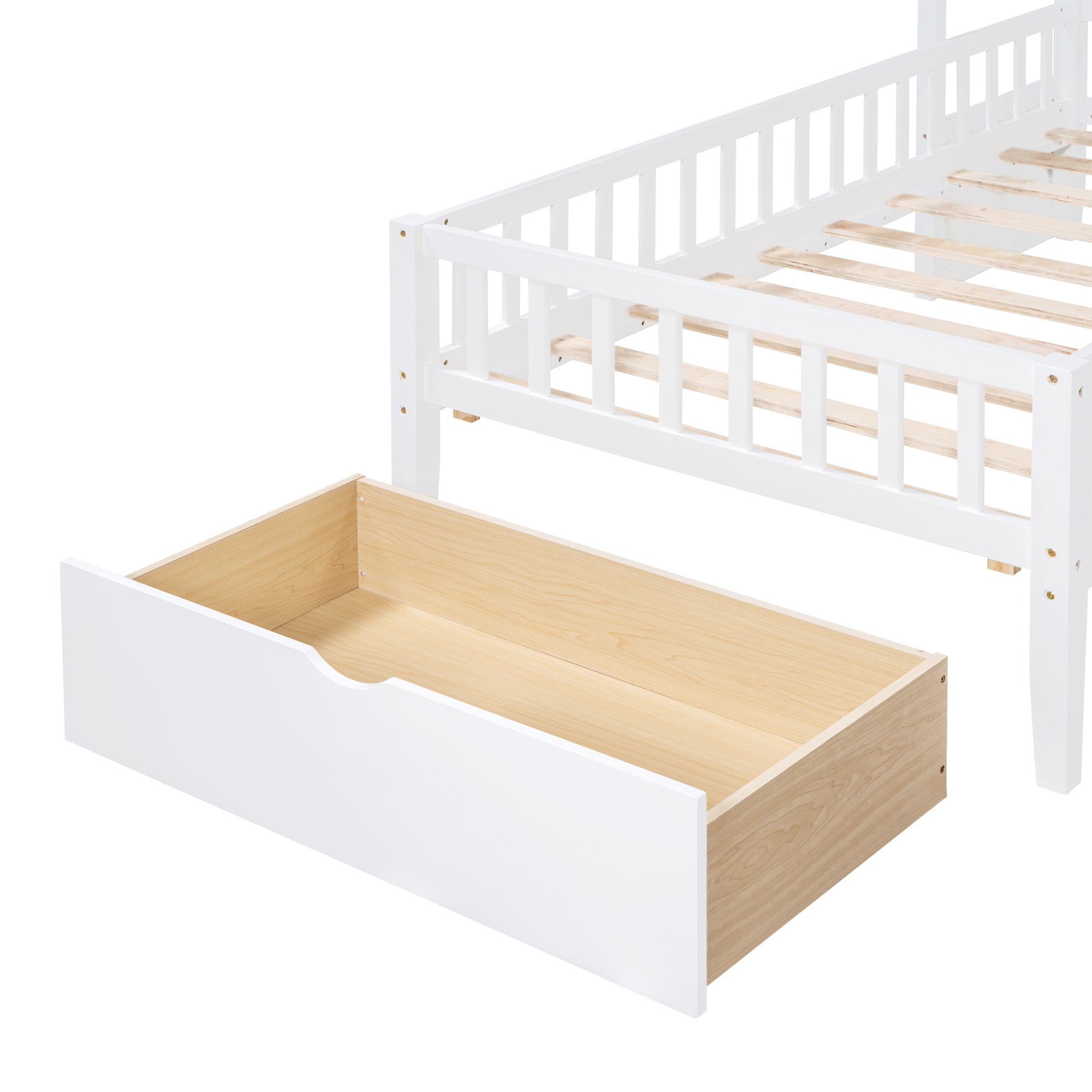 Twin Size House Bed with Upholstered Sofa, House Bed with Charging Station, Wireless Charging, Shelves and Two Drawers, White - Atlantic Fine Furniture Melbourne FL