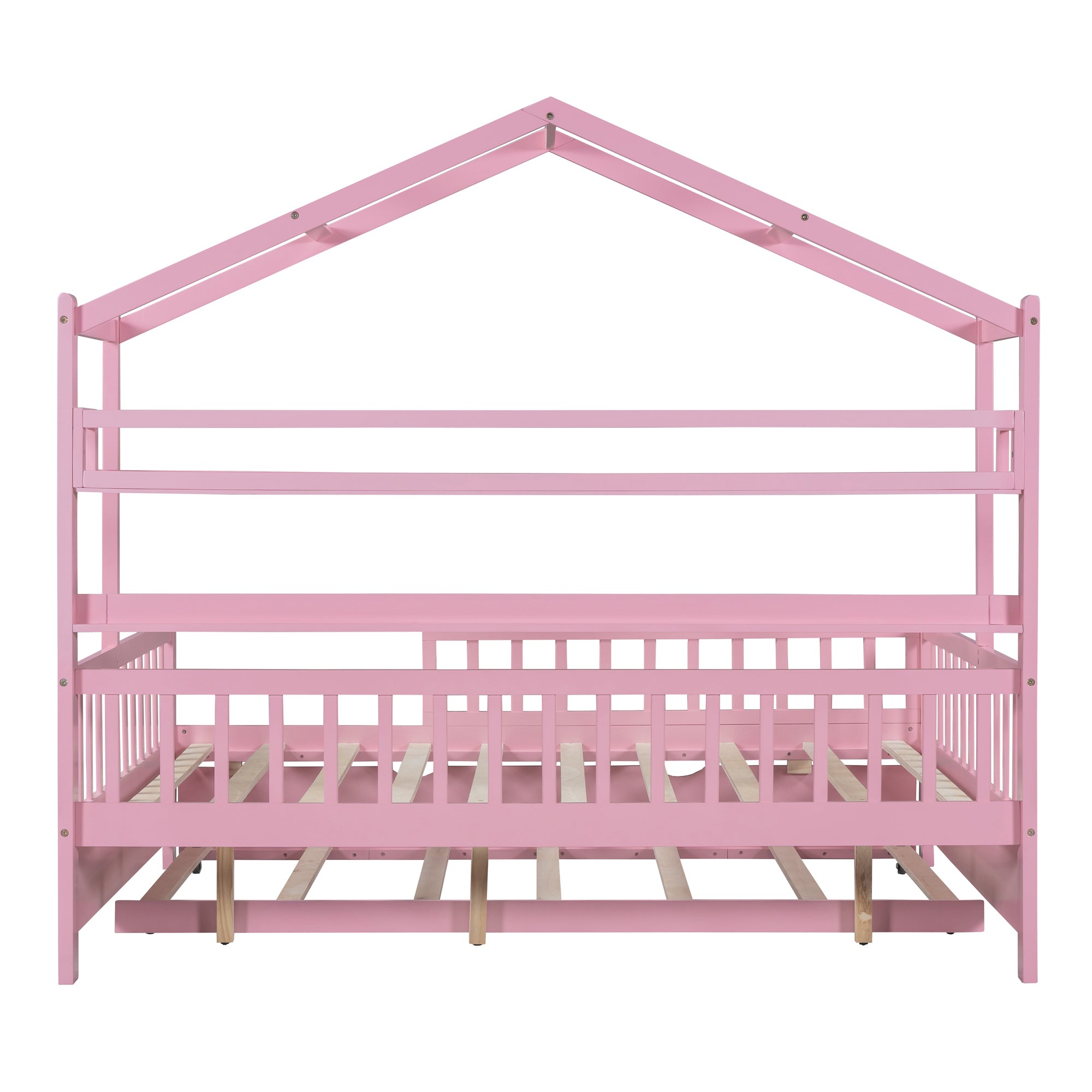 Wooden Full Size House Bed with Twin Size Trundle,Kids Bed with Shelf, Pink - Atlantic Fine Furniture Melbourne FL