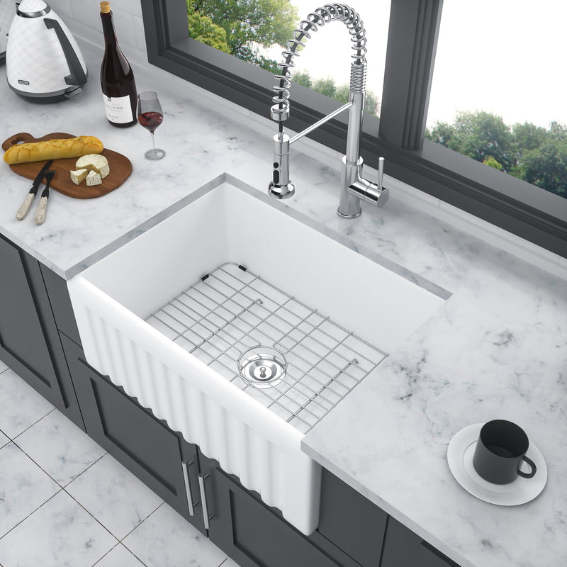 Elegant Farmhouse Apron Front Ceramic Single Bowl, Kitchen Basin