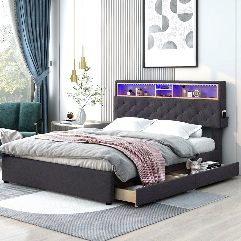 King size platform bed with storage and headboard top