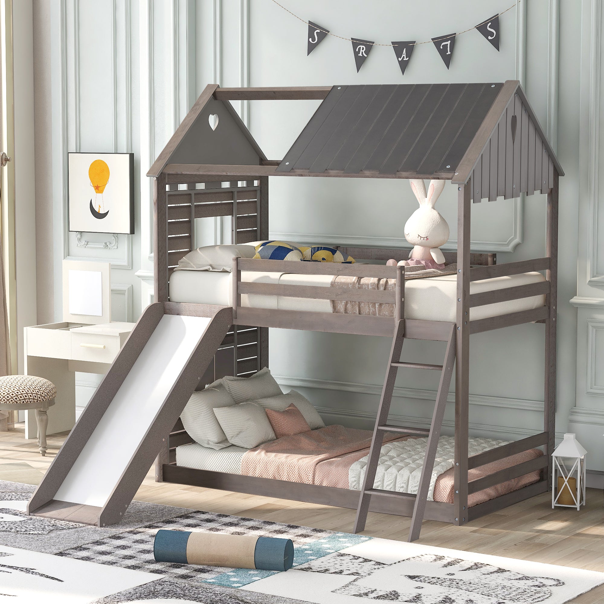 Twin Over Twin Bunk Bed Wood Bed with Roof, Window, Slide, Ladder ,Antique Gray(OLD SKU:LP000059AAE) - Atlantic Fine Furniture Melbourne FL