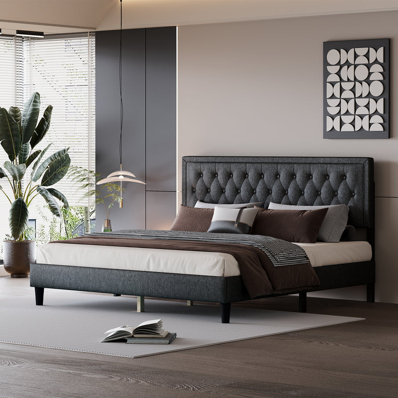 King size Panel Bed Frame with Adjustable Button-Tufted Headboard for Bedroom/Linen Upholstered/Wood Slat Support/Easy Assembly,Dark Grey