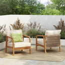 Outdoor Lounge Chair With Woven Backrest, Solid Wood Frame, Comfortable Cushions