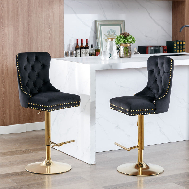 Thick Golden Swivel Velvet Barstools Adjusatble Seat Height From 25-33", Modern Upholstered Bar Stools With Backs Comfortable Tufted For Home Pub And Kitchen Island (Set of 2)