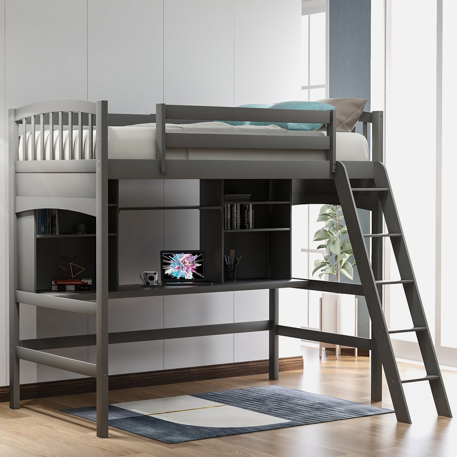 Twin size Loft Bed with Storage Shelves, Desk and Ladder, Gray(OLD SKU :LP000140EAA) - Atlantic Fine Furniture Melbourne FL
