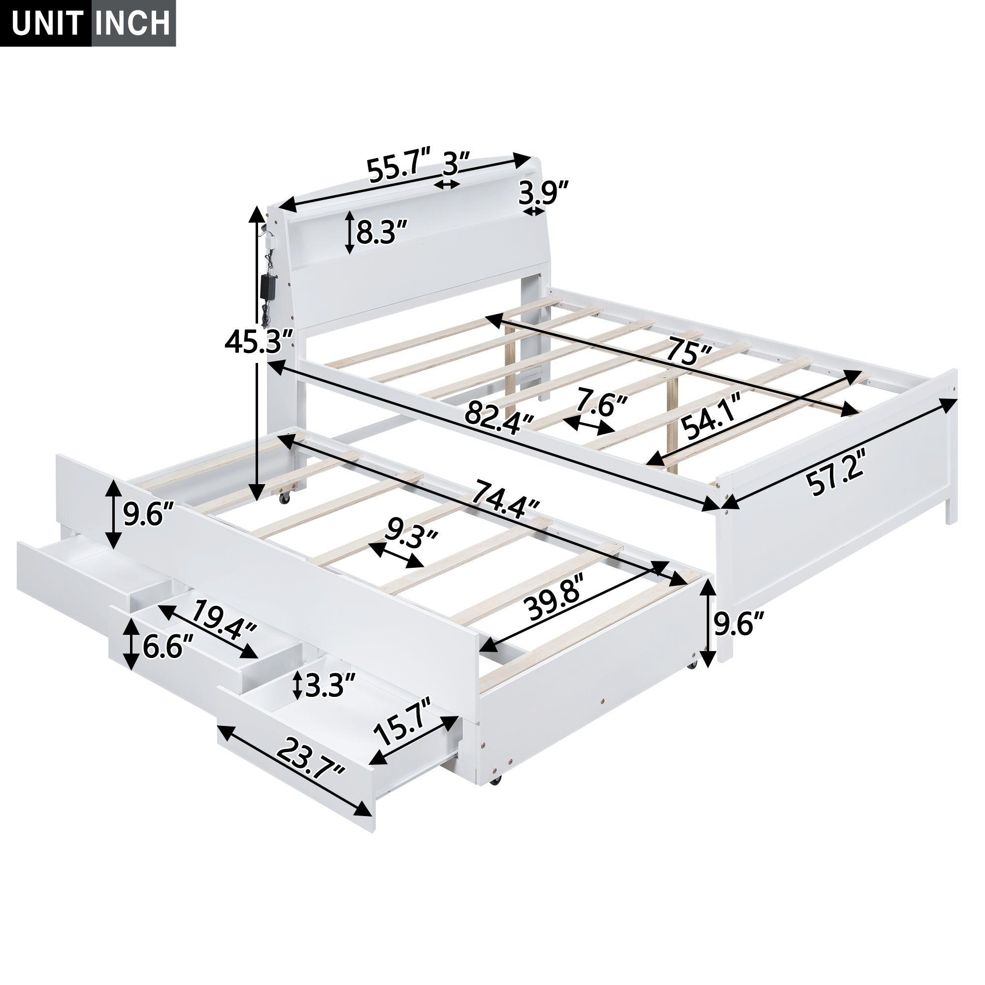 Full Size Platform Bed with Storage LED Headboard, Twin Size Trundle and 3 Drawers, White - Atlantic Fine Furniture Melbourne FL