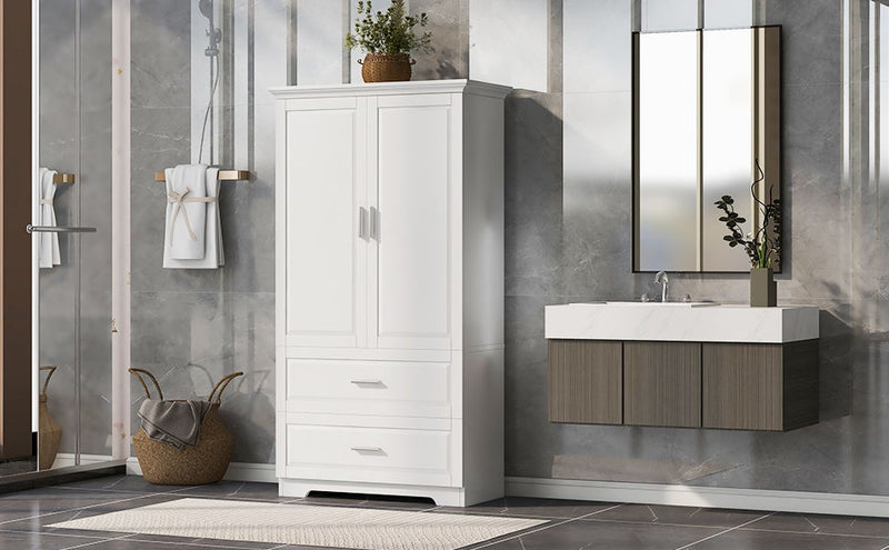 Tall Bathroom Storage Cabinet, Cabinet With Two Doors And Drawers, Adjustable Shelf, MDF Board - White