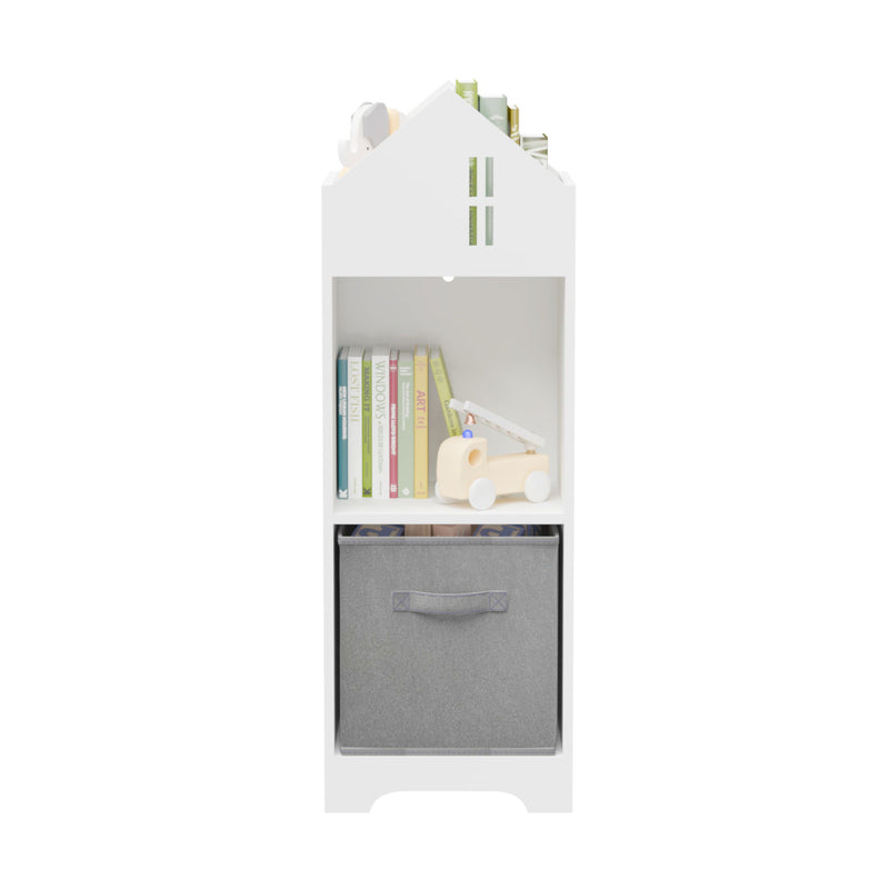 Kids Dollhouse Bookcase With Storage, 2-Tier Storage Display Organizer, Toddler Bookshelf With Collapsible Fabric Drawers For Bedroom Or Playroom - White / Gray