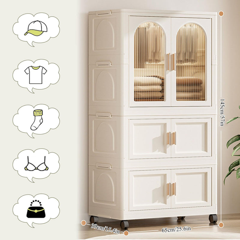 Side Wide Folding Wardrobe, With Magnetic Door, Plastic Storage Cabinet With Wheels (1 Layer Of Wardrobe + 2 Layers Of Folding Boxes + 10 Hangers) - Cream White
