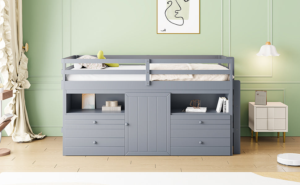 Twin Size Loft Bed with 4 Drawers, Underneath Cabinet and Shelves, Gray - Atlantic Fine Furniture Melbourne FL