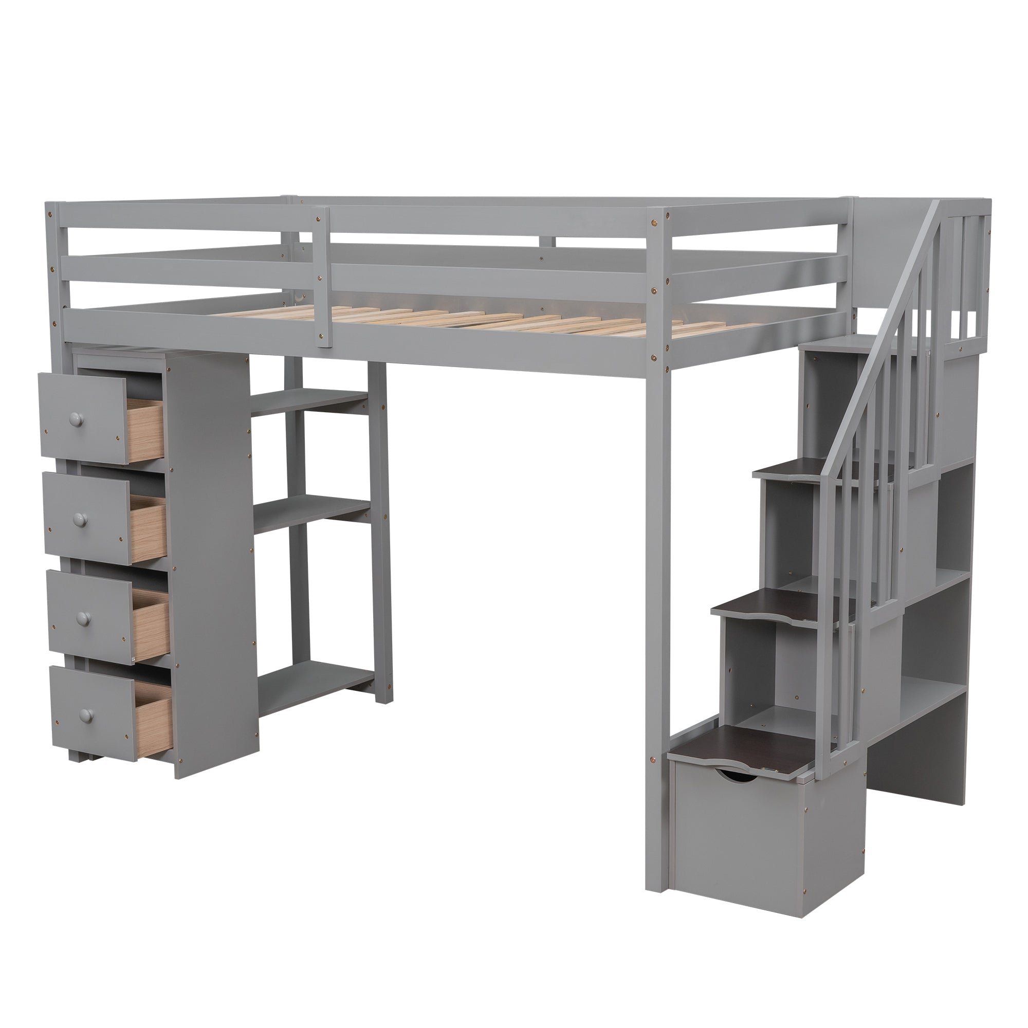 Twin size Loft Bed with Storage Drawers and Stairs, Wooden Loft Bed with Shelves - Gray - Atlantic Fine Furniture Melbourne FL