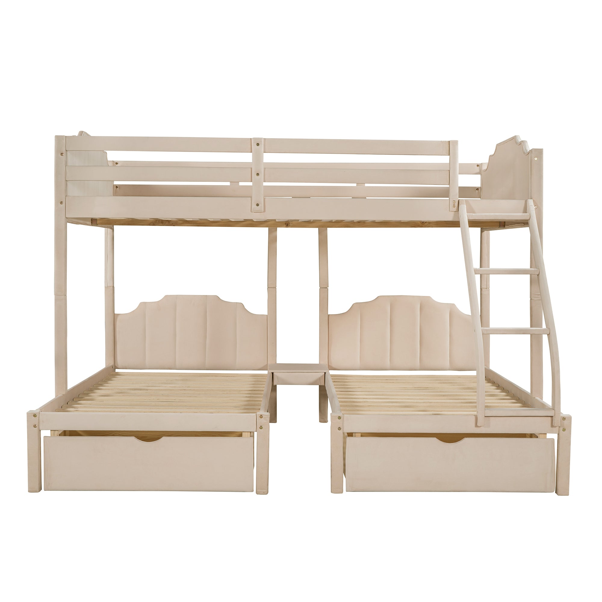 Full Over Twin & Twin Bunk Bed, Velvet Triple Bunk Bed with Drawers and Guardrails, Beige - Atlantic Fine Furniture Melbourne FL