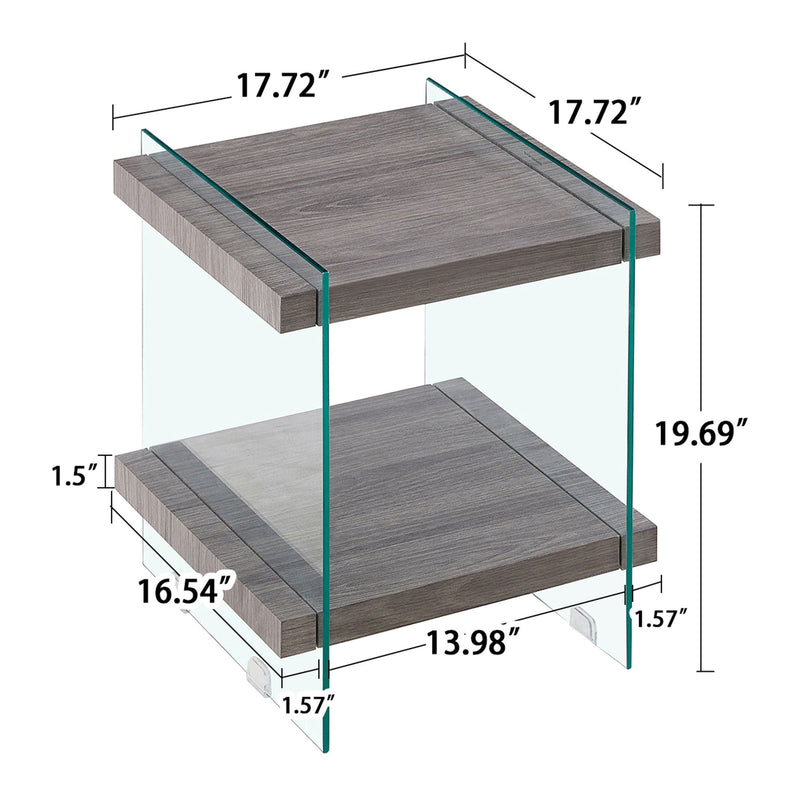 Sleek And Sturdy Tempered Glass Leg Side Table With Dual MDF Shelves, Modern Nightstand End Table For Living Roon, Bedroom - Transparent / Gray