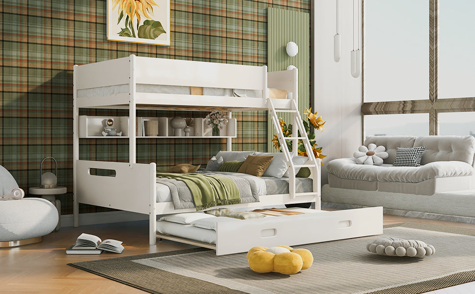 Wood Twin over Full Bunk Bed with Storage Shelves and Twin Size Trundle, Cream - Atlantic Fine Furniture Melbourne FL