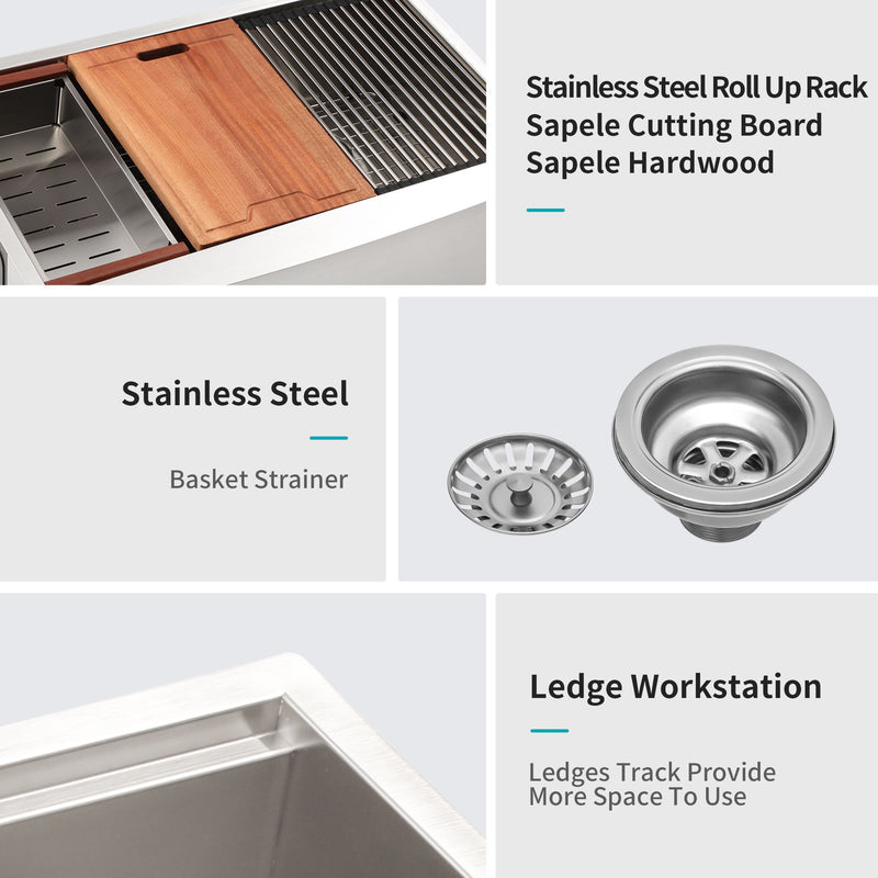 Farmhouse Double Bowl Workstation Kitchen Sink 33" Stainless Steel 16 Gauge Apron Front, Finish - White