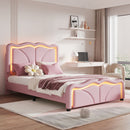 Upholstered Platform Bed & Curve Shaped And Height Adjustable Headboard, LED Light Strips