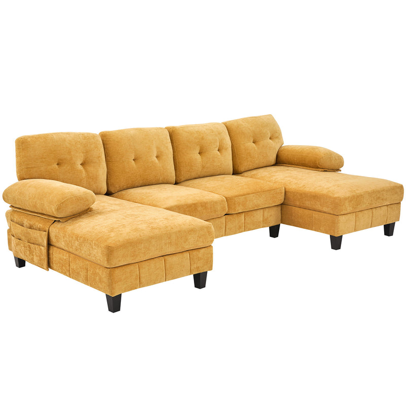 U-Shaped Sectional Sofa 103.5" Black Chenille Fabric Couch With Dual Chaise Lounges, Storage Pockets, Armrest Pillows