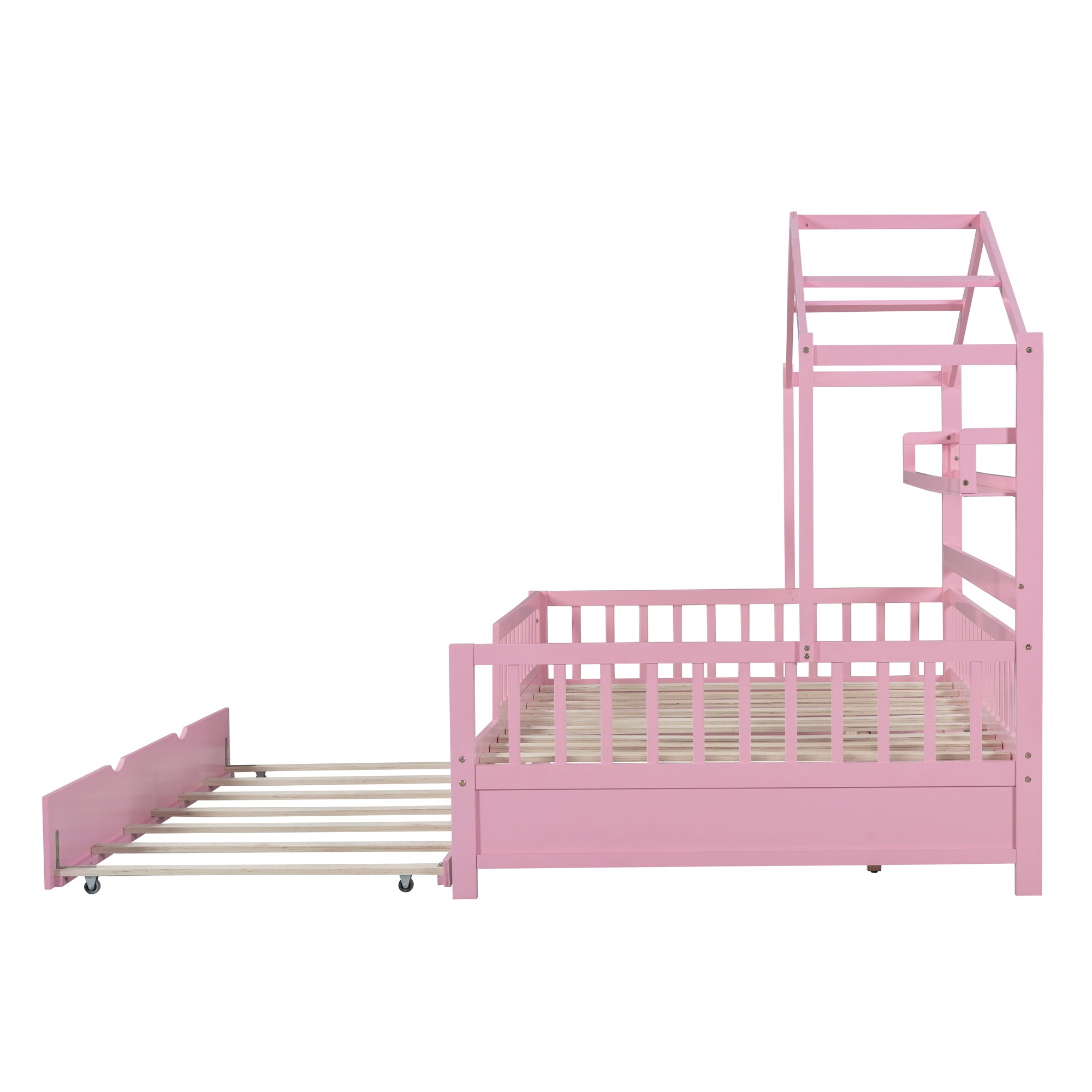 Wooden Full Size House Bed with Twin Size Trundle,Kids Bed with Shelf, Pink - Atlantic Fine Furniture Melbourne FL