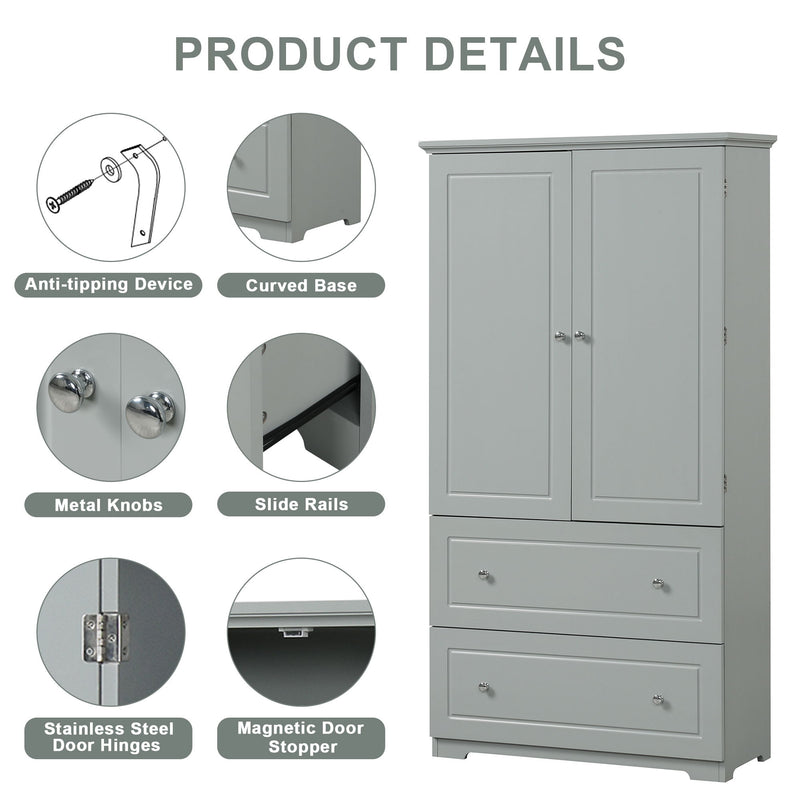 Wide Bathroom Storage Cabinet, Freestanding Storage Cabinet With Two Drawers And Adjustable Shelf, MDF Board With Painted Finish - Gray