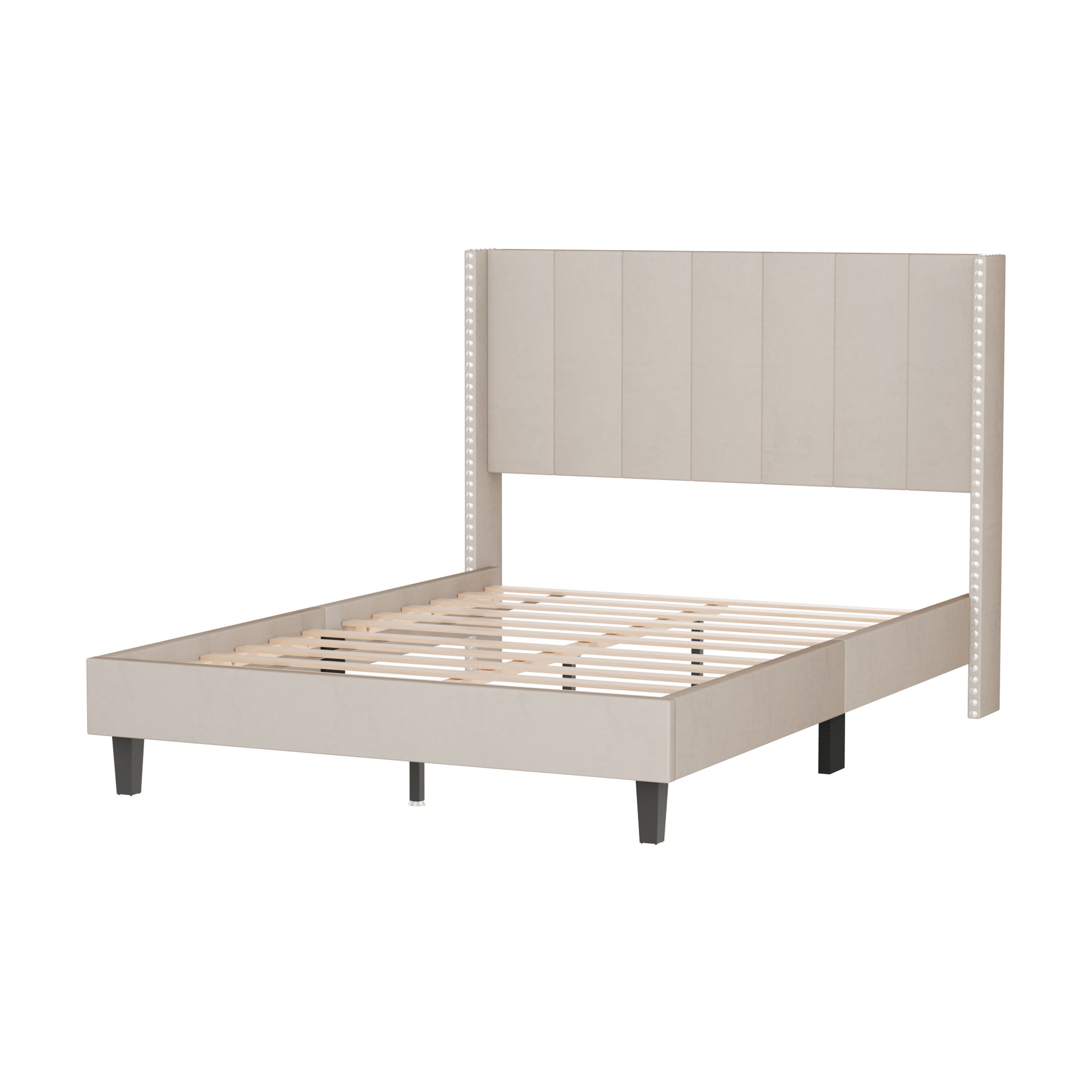 Velvet Upholstered Bed Frame with Vertical Channel Tufted Headboard,Modern Decorative Nailheads, Full size Bed Frame Beige - Atlantic Fine Furniture Melbourne FL