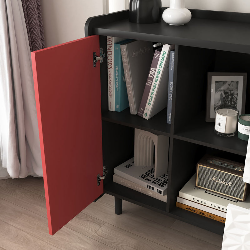 Modern Sideboard Buffet Cabinet With Red Doors And Unique Panel Styling