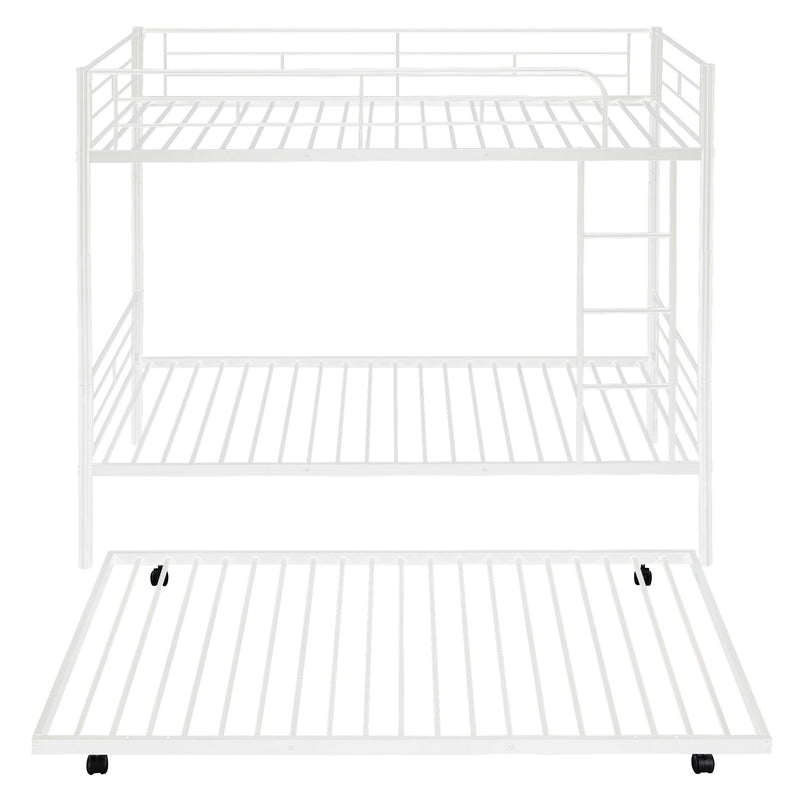 Twin Over Twin Metal Bunk Bed With Trundle, Can Be Divided Into Two Beds, No Box Spring Needed - White