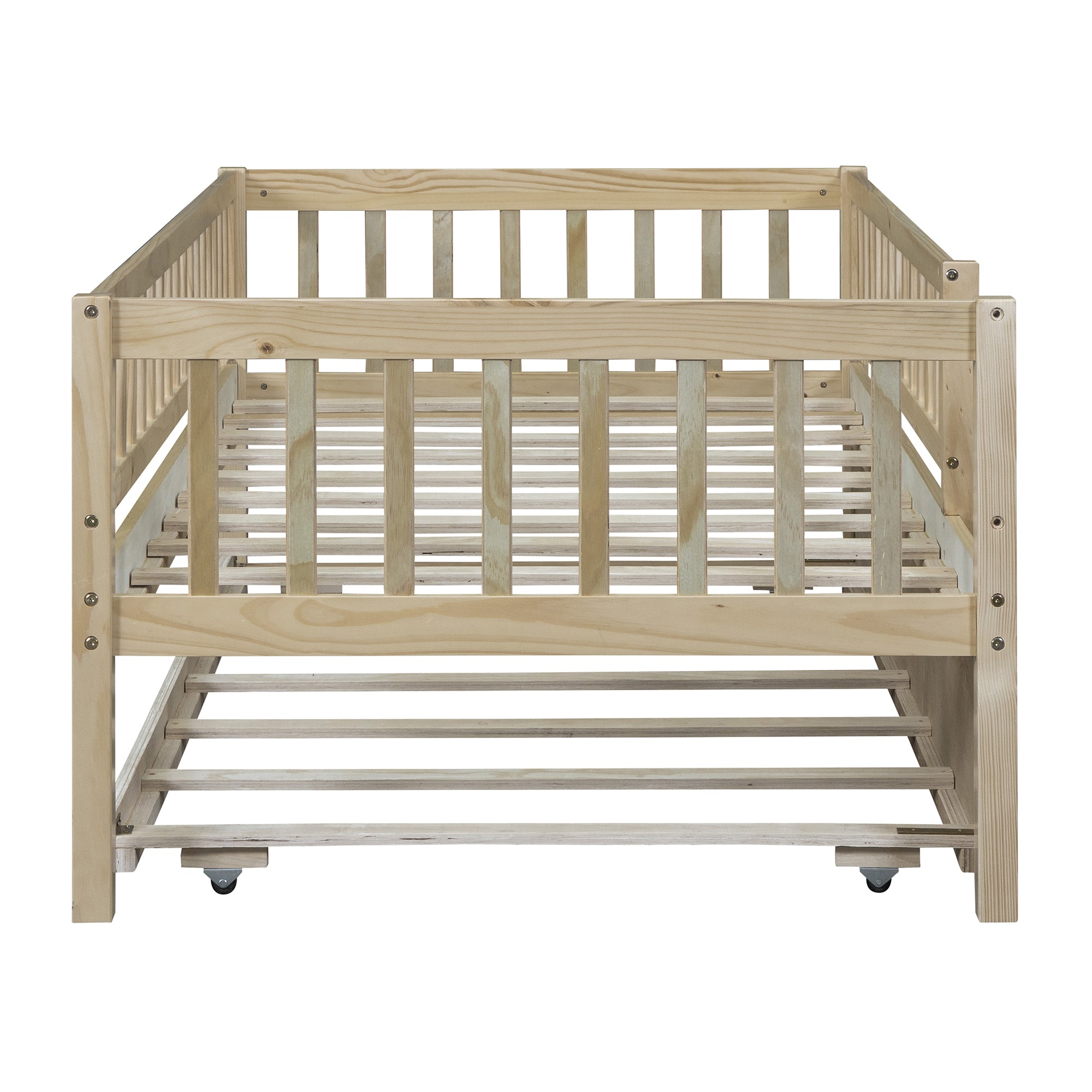 Twin Size Wood Daybed with Trundle and Fence Guardrails, Natural - Atlantic Fine Furniture Melbourne FL