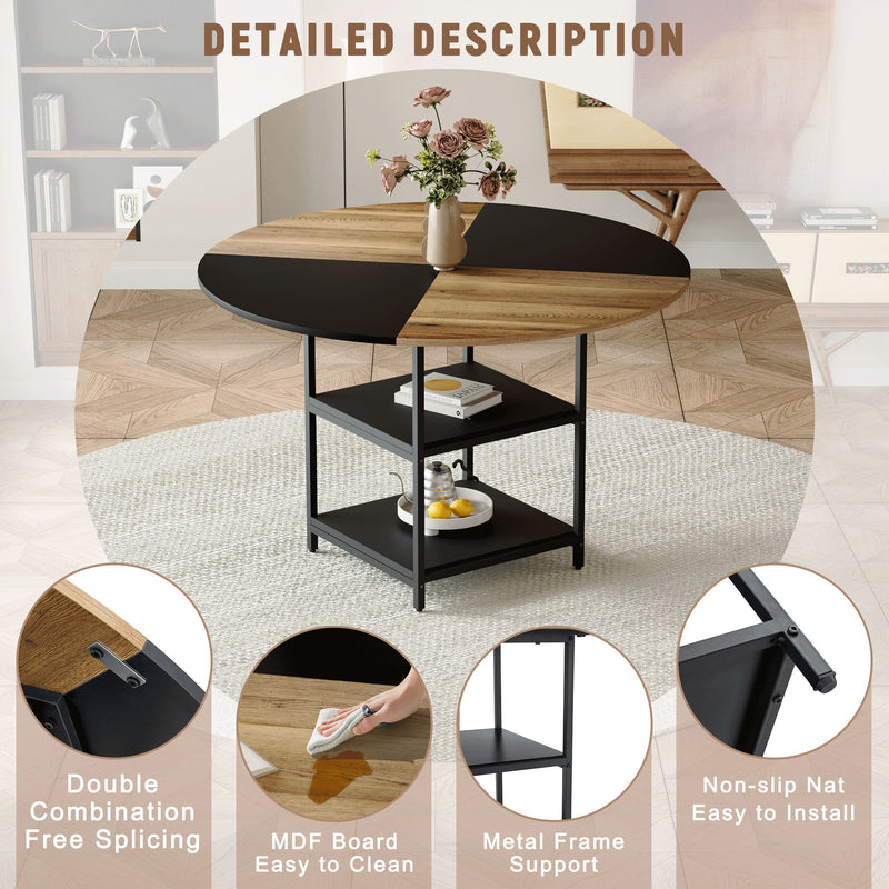 Modern Splicing Circular Dining Table With Double Layer Storage - Black / Wood